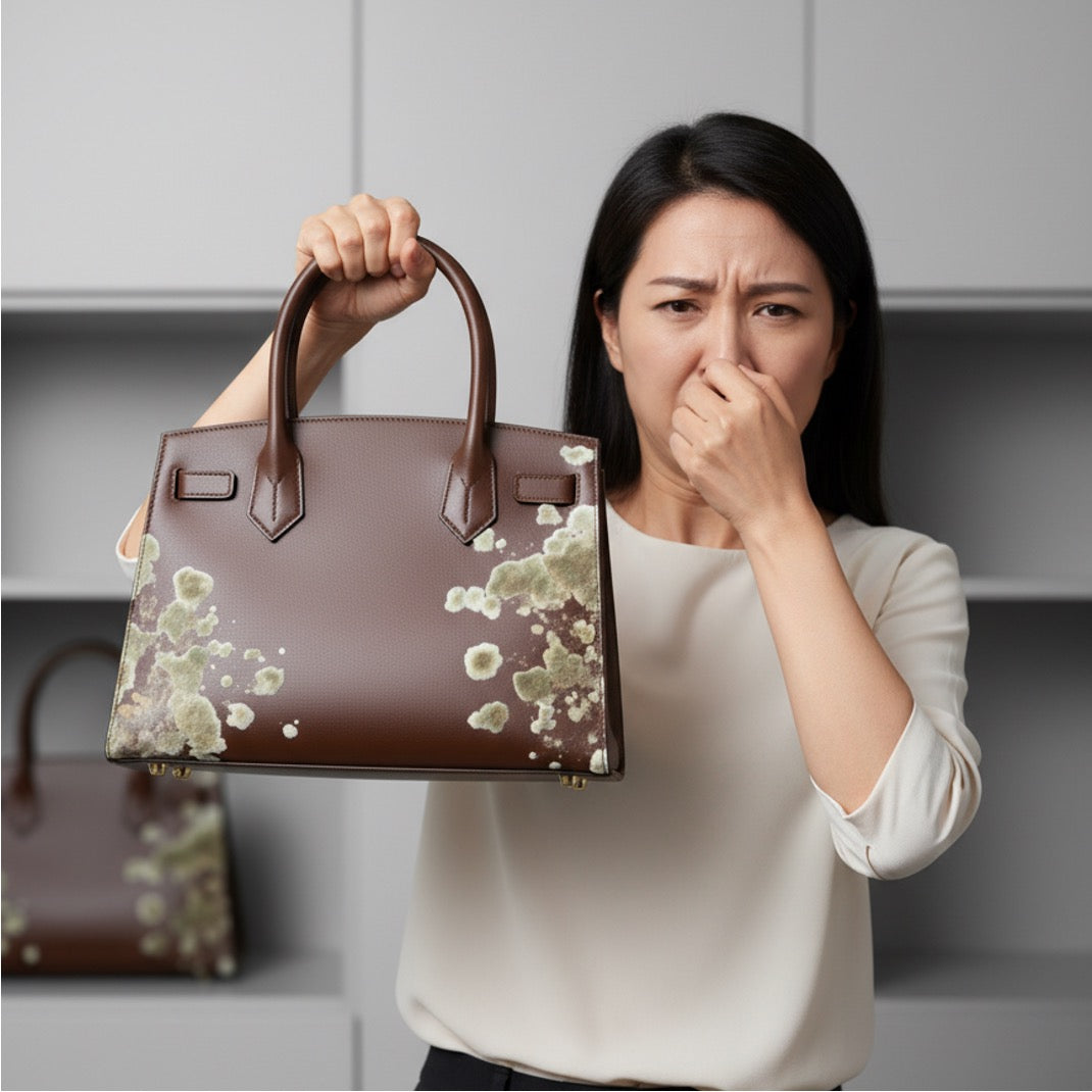 Mouldy leather handbag before cleaning, showing white surface mould