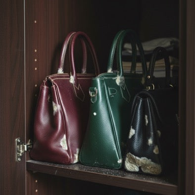 Leather handbags stored in breathable dust bags with anti-mould patches in a Singapore wardrobe