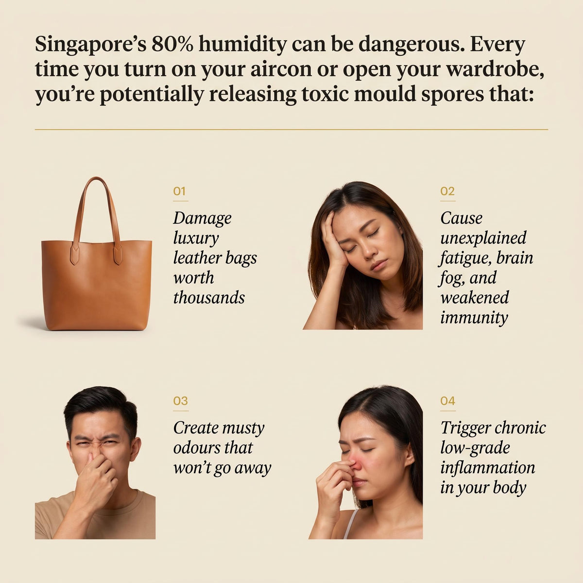 An informational graphic on mould spore release from air conditioners and wardrobes in Singapore, with a tan leather tote bag shown on the left and four panels on the right featuring a woman, a man, and text listing health effects like damage to leather bags, fatigue, brain fog, and chronic inflammation.