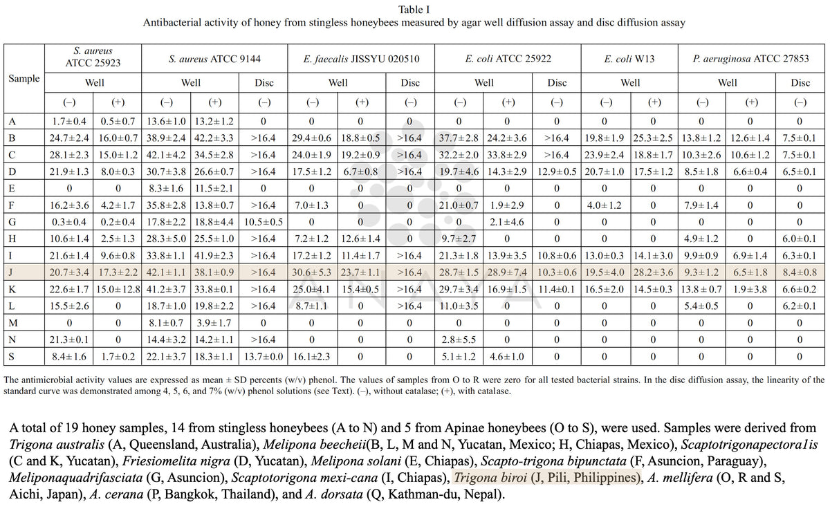A printed table titled 'Table 1' showing antibacterial activity of honey from stingless honeybees measured by sugar water diffusion assay and disc diffusion assay, with sample names, bacterial strains, MIC values, and zone diameters in millimeters.
