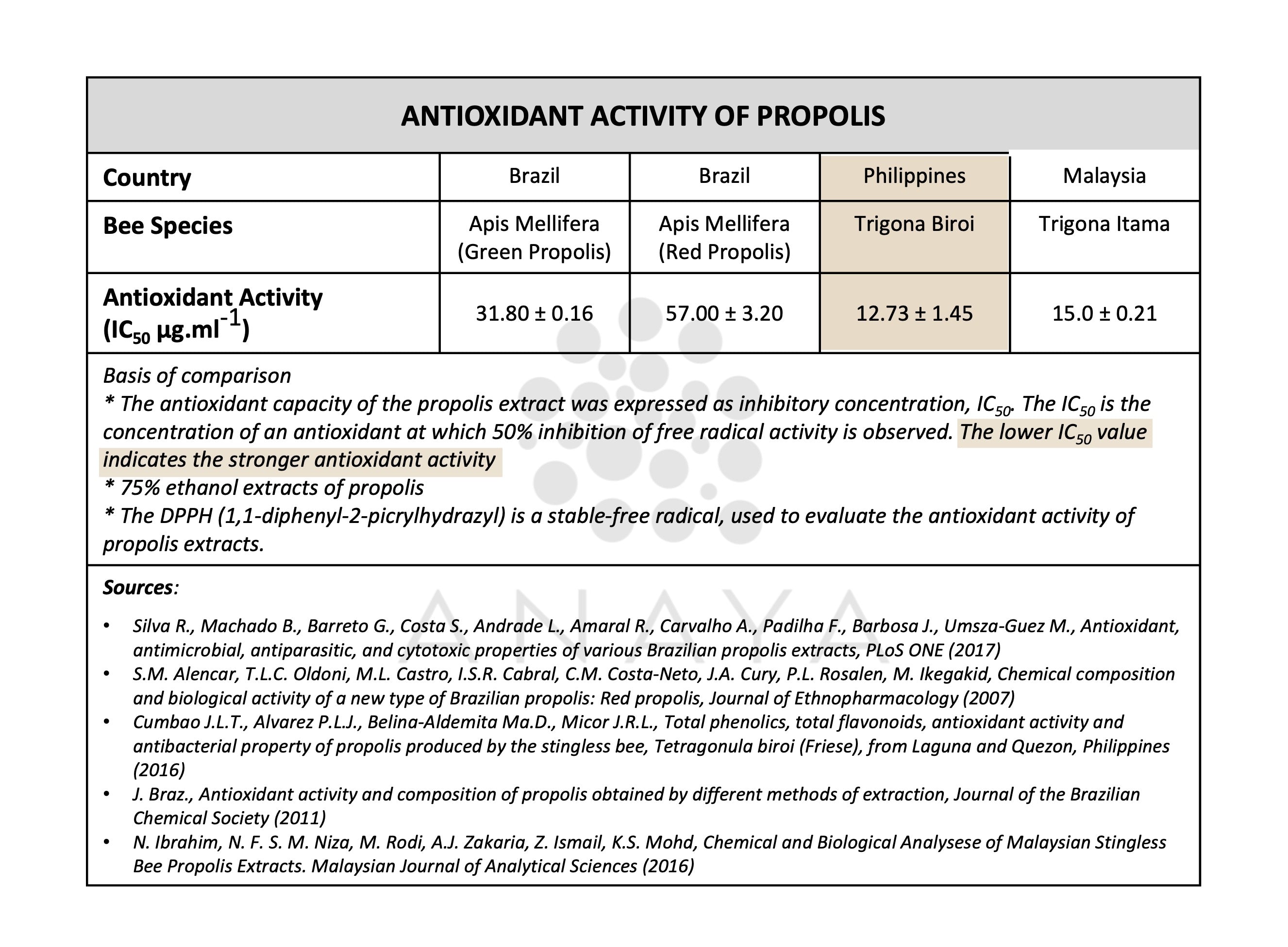 A comparison table titled 'ANTIOXIDANT ACTIVITY OF PROPSAL EXTRACTs' showing data for four bee species from Brazil, Philippines, and Malaysia, with columns for country, bee species, and antioxidant activity IC50 values.